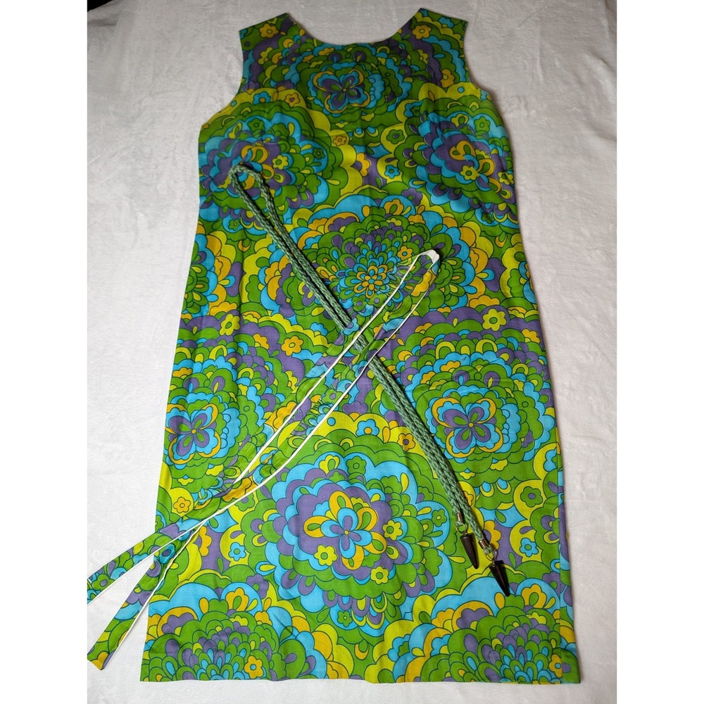 Vintage 60s Mod Psychedelic Floral Shift Dress Green Blue Purple Sleeveless Bow